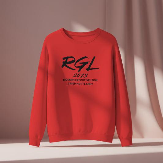 Red sweatshirt with black text on a beige background