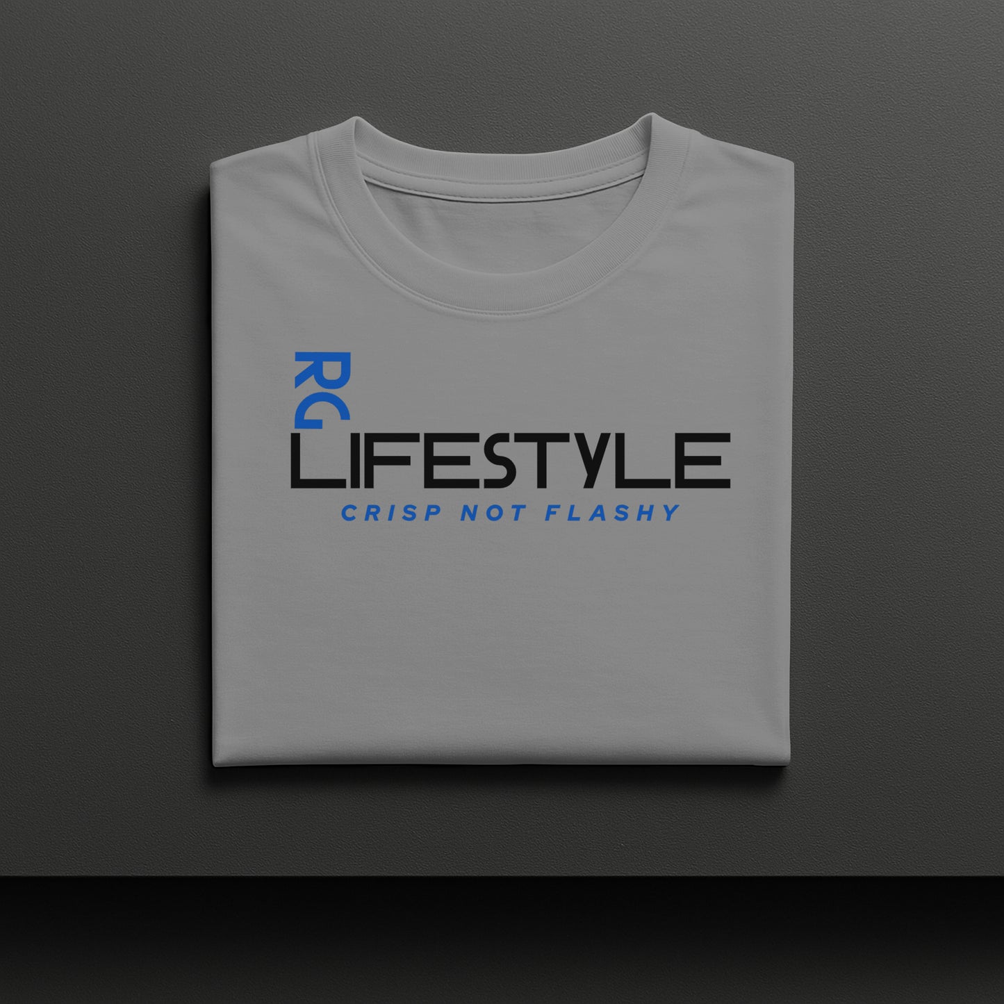 Gray t-shirt with 'RC Lifestyle' text on a dark gray background