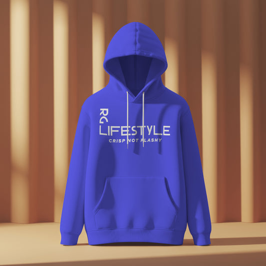 Blue hoodie with white text on a neutral background