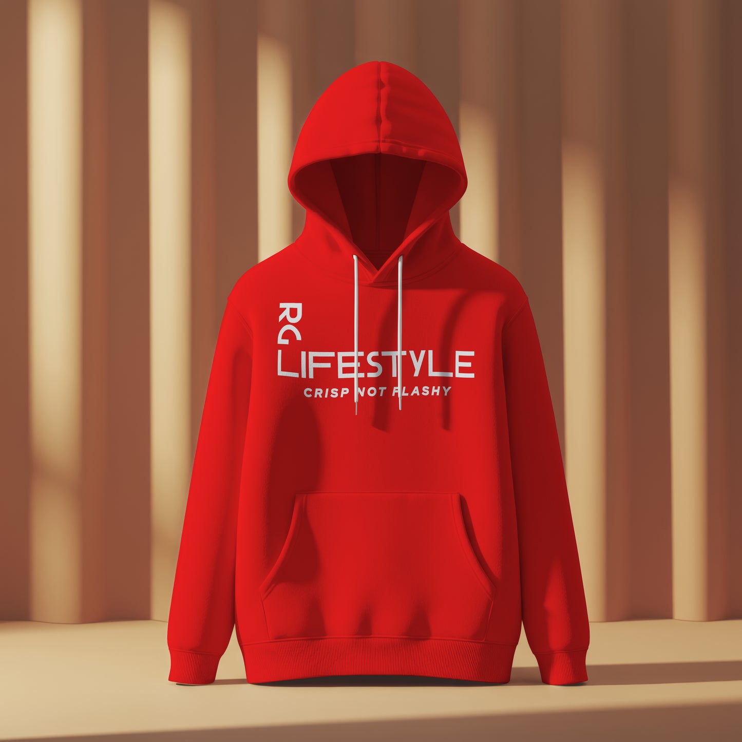 Red hoodie with 'Lifestyle' text on a neutral background