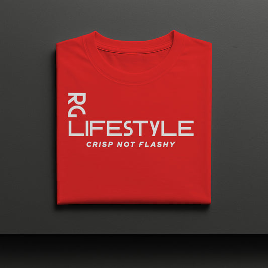 Red t-shirt with white text on a black background