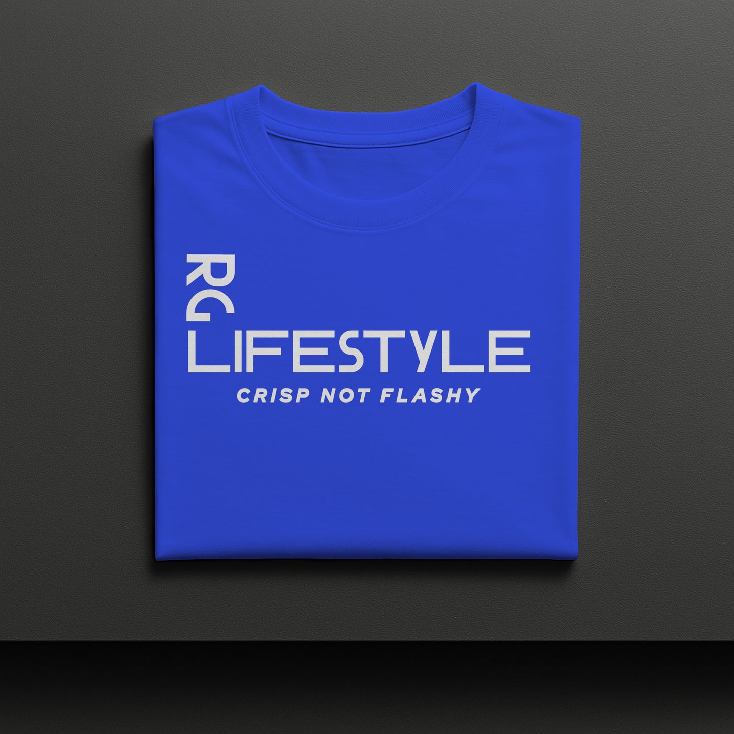 Blue t-shirt with white text on a black background