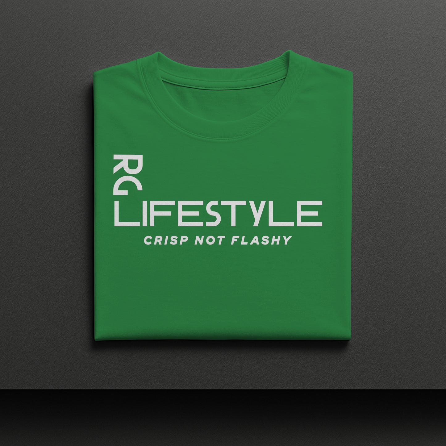 Green t-shirt with white text on a dark gray background