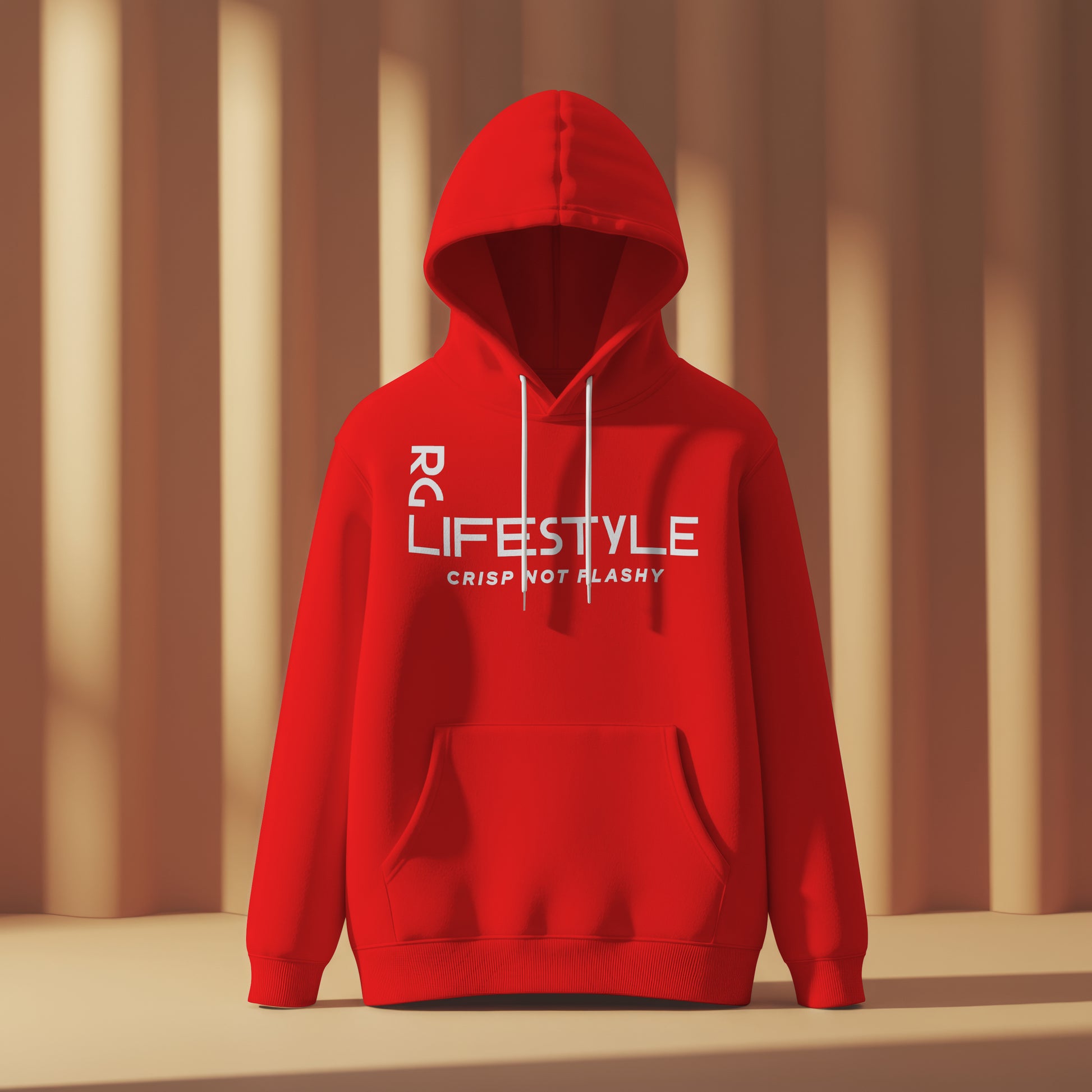 Red hoodie with 'Lifestyle' text on a neutral background