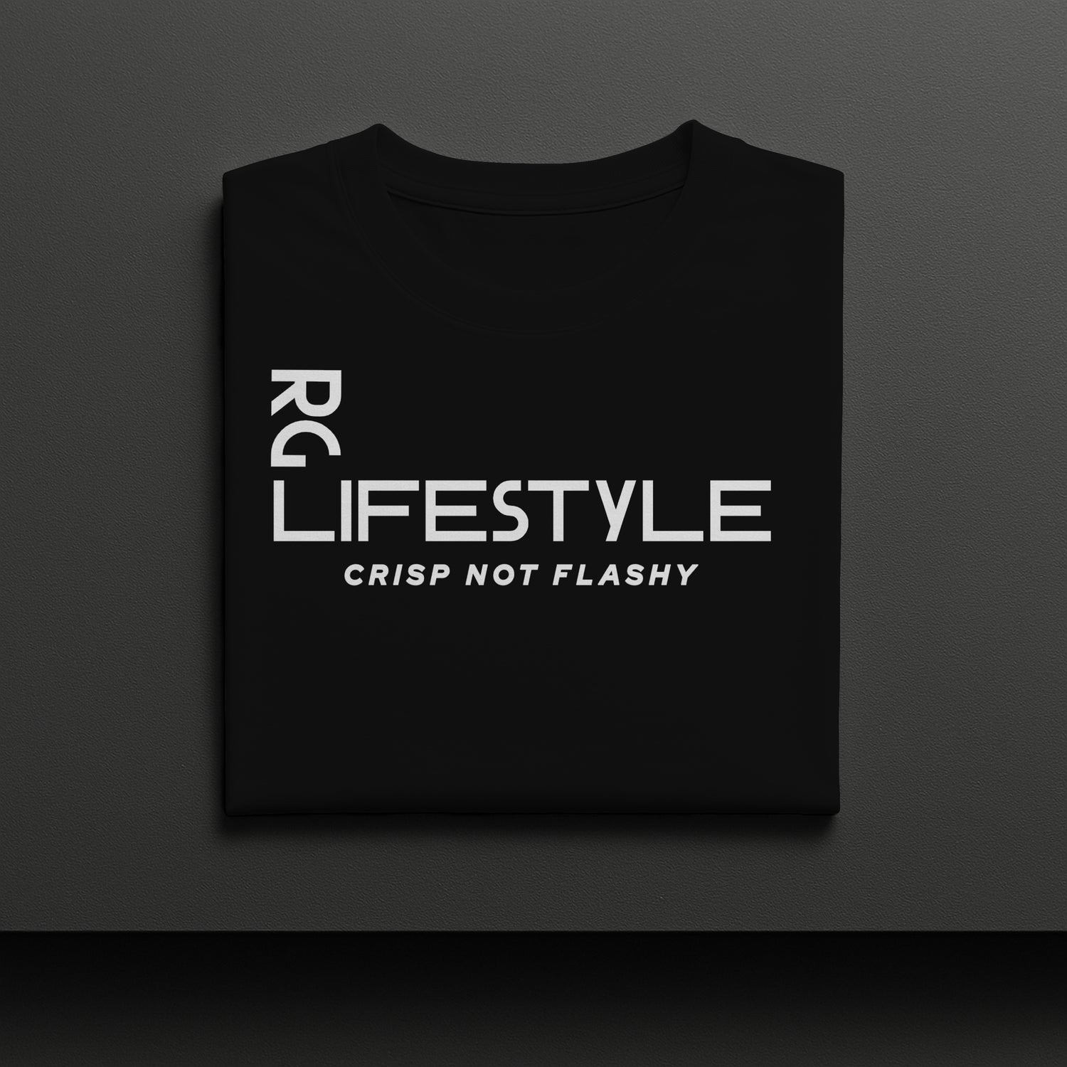 Black t-shirt with white text on a dark gray background