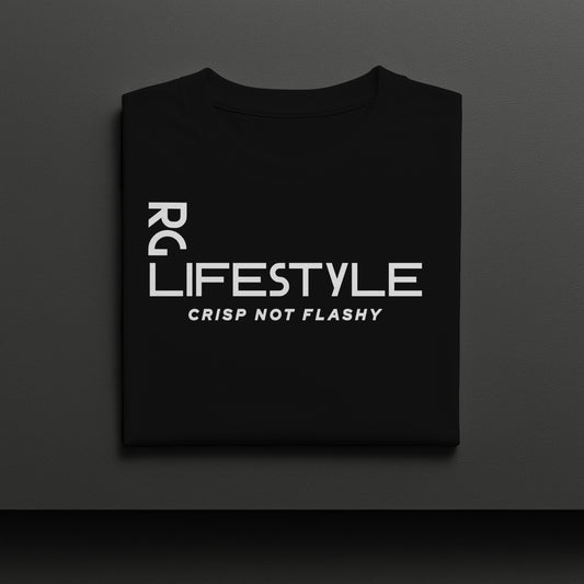 Black t-shirt with white text on a dark gray background